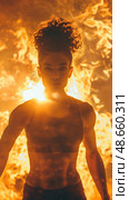 An athlete showcases strength and confidence as they pose amid a fiery backdrop, embodying determination and intensity. Стоковое AI-изображение, AI-художник Данила Большаков / Фотобанк Лори