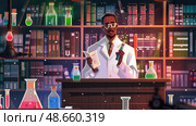 The scientist in a white coat examines a book while surrounded by vibrant glassware in a cozy, well-stocked lab. Стоковое AI-изображение, AI-художник Данила Большаков / Фотобанк Лори