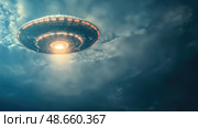 A mysterious UFO emits a bright light while hovering in ominous clouds during twilight. Стоковое AI-изображение, AI-художник Данила Большаков / Фотобанк Лори