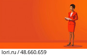 A presenter in a bright red suit holds notes while confidently addressing an audience against a striking orange backdrop. Стоковое AI-изображение, AI-художник Данила Большаков / Фотобанк Лори