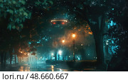 Unusual lights illuminate a wet city street on a rainy night, creating an otherworldly atmosphere with glowing reflections and dark surroundings. Стоковое AI-изображение, AI-художник Данила Большаков / Фотобанк Лори