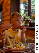 A young boy with blond hair takes a bite of food from his plate while enjoying a salad in a warm, inviting restaurant setting, Ресторан Главрыба, Республика Дагестан, Казбековский район, село Ново-Зубутли. Стоковое фото, фотограф Данила Большаков / Фотобанк Лори