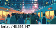 Commuters walking on train platform in futuristic city. Стоковое AI-изображение, AI-художник Юрий Поздников / Фотобанк Лори