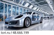 Silver car body being assembled on modern production line. Стоковое AI-изображение, AI-художник Юрий Поздников / Фотобанк Лори