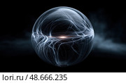 Plasma ball glowing with electrical discharges in the dark. Стоковое AI-изображение, AI-художник Юрий Поздников / Фотобанк Лори