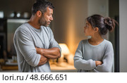 Father and daughter arguing at home with arms crossed. Стоковое AI-изображение, AI-художник Юрий Поздников / Фотобанк Лори