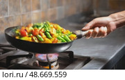 Chef flipping vegetables in wok on gas stove. Стоковое AI-видео, аниматор Юрий Поздников / Фотобанк Лори