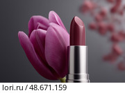 Vivid Magenta Tulip with Deep Plum Lipstick, Macro of Blooming Petals Cradling Matte Cosmetic, Velvet Textures in Soft Backlight. Яркий пурпурный тюльпан с помадой глубокого сливового оттенка, макрос цветущих лепестков с матовой косметикой, бархатные текстуры в мягком освещении. Стоковое AI-изображение, AI-художник Katsiaryna Repich / Фотобанк Лори