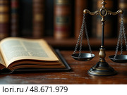 В зале суда расположены весы правосудия, символизирующие равновесие законов, рядом открытая книга, подчеркивающая юридическую практику и значимость правопорядка. Стоковое AI-изображение, AI-художник Сергей Никифоров-Гордеев / Фотобанк Лори
