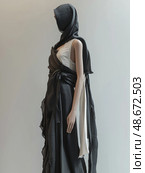 This elegant asymmetrical evening gown features exquisite draped fabric detail, perfect for any formal occasion. Стоковое AI-изображение, AI-художник Anastasy Yarmolovich / Фотобанк Лори