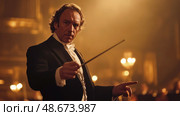 A male conductor in formal attire, holding a baton, leading an orchestra in a dimly lit concert hall with a dramatic atmosphere. Стоковое AI-изображение, AI-художник Катерина Бондарец / Фотобанк Лори
