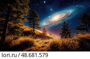 A beautiful night sky with a large spiral galaxy in the center. Стоковое AI-изображение, AI-художник Ярославский Максим / Фотобанк Лори