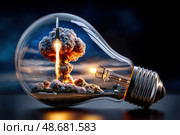A light bulb is lit up with a rocket and a bomb in the background. Стоковое AI-изображение, AI-художник Ярославский Максим / Фотобанк Лори