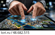 A man is pointing at a city on a tablet. Стоковое AI-изображение, AI-художник Ярославский Максим / Фотобанк Лори