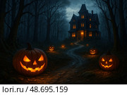 Spooky halloween night with haunted house and glowing jack-o'-lanterns. Стоковое AI-изображение, AI-художник Башкирова Анна / Фотобанк Лори
