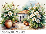 Mediterranean cottage with lush oleander flowers and terracotta pots. Стоковое AI-изображение, AI-художник Башкирова Анна / Фотобанк Лори