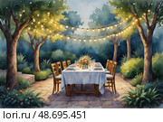 Enchanting outdoor dinner under string lights in serene garden setting. Стоковое AI-изображение, AI-художник Башкирова Анна / Фотобанк Лори