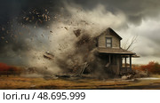rain wind storm house ai generated. Стоковое AI-изображение, AI-художник Vectorwin / Фотобанк Лори