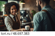smile handing coffee ai generated. Стоковое AI-изображение, AI-художник Vectorwin / Фотобанк Лори