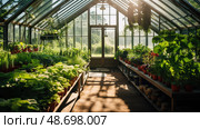 sunlight greenhouse plants ai generated. Стоковое AI-изображение, AI-художник Vectorwin / Фотобанк Лори