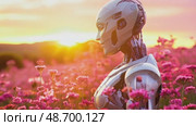 Modern cybernetic robot in a field of flowers or working in a garden for the benefit of humanity. Cyborg working online at a station. Futuristic cyborg. Modern technologies, AI control. Concept of the future. 3D rendering. Стоковое AI-видео, аниматор ALLA YURTAYEVA / Фотобанк Лори