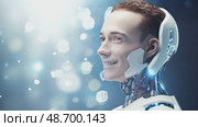 Handsome Futuristic Humanoid Robot Man. Cyborg Working Online At Station. Modern Technology, AI Control. Future Concept, Artificial Intelligence And Digital Graphic Brain Engine Inside. 3D Rendering. Стоковое AI-видео, аниматор ALLA YURTAYEVA / Фотобанк Лори