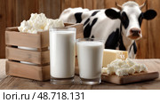 Assortment of Fresh Dairy Products, Milk, Butter, and Cheese with Cow in Background for Natural Farm Promotion. Ассортимент свежих молочных продуктов, молока, масла и сыра с коровой на заднем плане для рекламы натуральной фермы. Стоковое AI-изображение, AI-художник Katsiaryna Repich / Фотобанк Лори