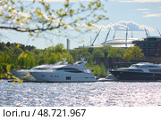 View of the mega yachts standing at the pier through the branches of trees on a clear sunny day, residential buildings and a stadium in the background, Russia, St.Petersburg. Стоковое фото, фотограф Vladimir Drozdin / Фотобанк Лори