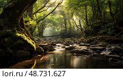 glistening trees and water ai generated. Стоковое AI-изображение, AI-художник Vectorwin / Фотобанк Лори