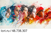 Five youth of varying backgrounds come together, displaying their unique identities and cultural pride through vibrant artistic elements. Стоковое AI-изображение, AI-художник Данила Большаков / Фотобанк Лори