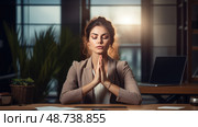 breath meditation woman desk ai generated. Стоковое AI-изображение, AI-художник Vectorwin / Фотобанк Лори