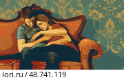 A couple sits intimately on a vintage couch in a cozy living room, sharing a tender moment of relaxation and comfort with each other. Стоковое AI-изображение, AI-художник Данила Большаков / Фотобанк Лори