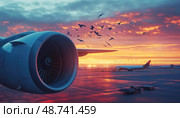 Airplane engine with birds soaring at sunset near the airport runway during evening hours. Стоковое AI-изображение, AI-художник Александр Довянский / Фотобанк Лори