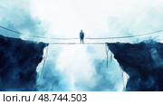A solitary person balances on a delicate rope bridge, facing the vastness of misty cliffs, evoking feelings of bravery and trepidation. Стоковое AI-изображение, AI-художник Данила Большаков / Фотобанк Лори