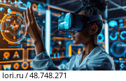 In a lab, a woman uses a VR headset to interact with a virtual display, reaching out as if touching a digital interface, showcasing VRs immersive capabilities. Стоковое AI-изображение, AI-художник Данила Большаков / Фотобанк Лори
