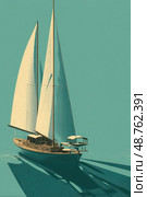 A sailboat is shown in the water with a blue sky in the background. Стоковое AI-изображение, AI-художник Ярославский Максим / Фотобанк Лори