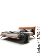 A bed with a brown frame and a gray blanket. Стоковое AI-изображение, AI-художник Ярославский Максим / Фотобанк Лори