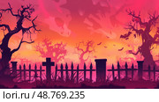 A halloween spooky background, graveyard fence silhouette with scary trees, cemeteries, bats. Стоковое AI-изображение, AI-художник Виктория Тельминова / Фотобанк Лори