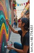 A detailed shot of a street artist painting a mural inspired by Mexican heritage, vibrant colors and intricate designs coming from latin history. Cinco de Mayo. Independence Day. Fiesta and festival. Стоковое AI-видео, аниматор Sergey Grishin / Фотобанк Лори