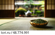 basket sencha tea leaves ai generated. Стоковое AI-изображение, AI-художник Vectorwin / Фотобанк Лори