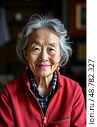 An elderly Chinese woman in a bright red jacket and checkered shirt smiles warmly, radiating wisdom and grace in a cozy indoor setting Generative AI. Стоковое AI-изображение, AI-художник Юлия Петровская / Фотобанк Лори