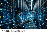 Hightech data center with woman using laptop and digital glowing blue lines. Стоковое AI-изображение, AI-художник Anastasy Yarmolovich / Фотобанк Лори
