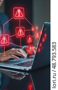 A person in a business suit working on a laptop with virtual icons related to warnings and errors, displaying a red exclamation sign in red triangle. Стоковое AI-видео, аниматор Sergey Grishin / Фотобанк Лори