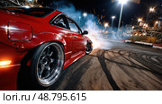 A red car is driving on a racetrack with smoke coming out of the back. Стоковое AI-изображение, AI-художник Ярославский Максим / Фотобанк Лори