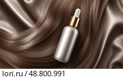 Luxurious hair serum bottle surrounded by swirled hair strands, elegant product mockup. Роскошный флакон сыворотки для волос в окружении закрученных прядей, элегантный макет продукта. Стоковое AI-изображение, AI-художник Katsiaryna Repich / Фотобанк Лори