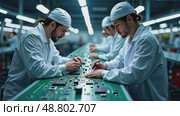 A high-tech electronics assembly line, with workers in clean suits inspecting circuit boards under bright LED lights. Стоковое AI-видео, аниматор Sergey Grishin / Фотобанк Лори