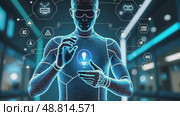 A person in a futuristic suit interacting with holographic tech elements, including digital icons and interfaces, front view, bright ambient light. Стоковое AI-видео, аниматор Sergey Grishin / Фотобанк Лори