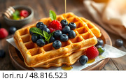 Belgian waffles with golden honey and fresh blueberries, raspberries and mint leaves on a rustic wooden table with a beautiful napkin. Delicious dessert. Copy space. Стоковое AI-изображение, AI-художник Iva Noel / Фотобанк Лори
