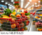 Vibrant supermarket trolley overflowing with crisp fresh vegetables and juicy fruits, set against blurred background of a store interior. Стоковое AI-изображение, AI-художник Iva Noel / Фотобанк Лори
