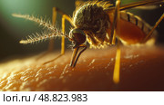 Close-up view of a mosquito feeding on skin. Стоковое AI-изображение, AI-художник Михаил Коханчиков / Фотобанк Лори